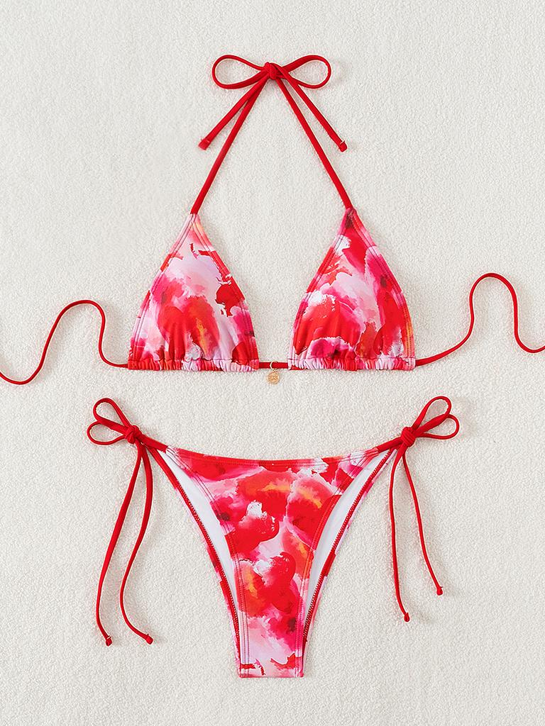 Damski strój kąpielowy z kwiecistą kokardką seksowna trójkątna torba wiązanie po bokach bikini z niską talią kostiumy kąpielowe kostiumy kąpielowe