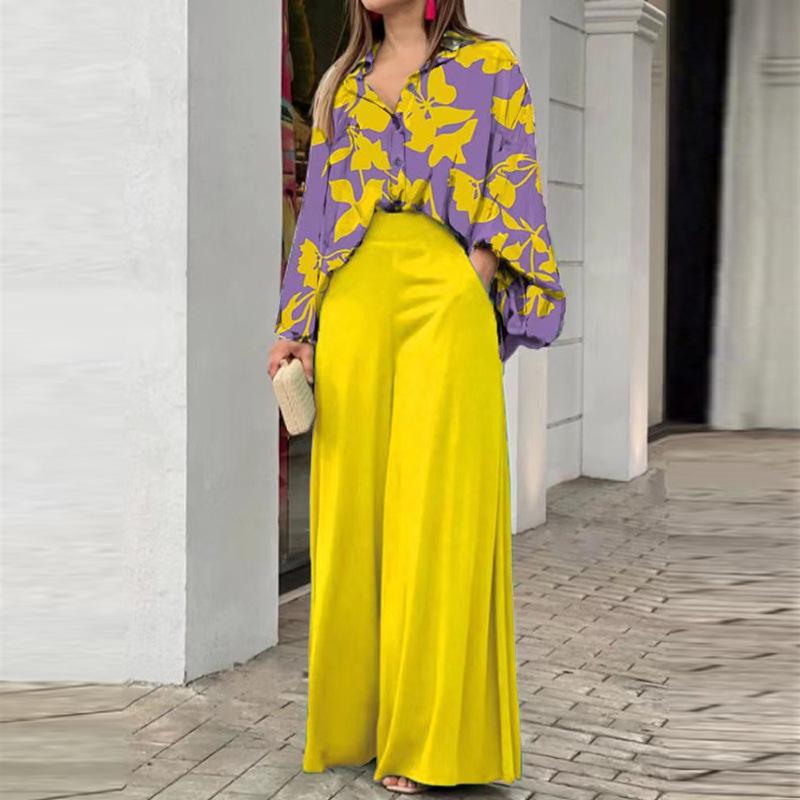 Elegant European & American Women's Printed Shirt & Wide-Leg Pants Set
