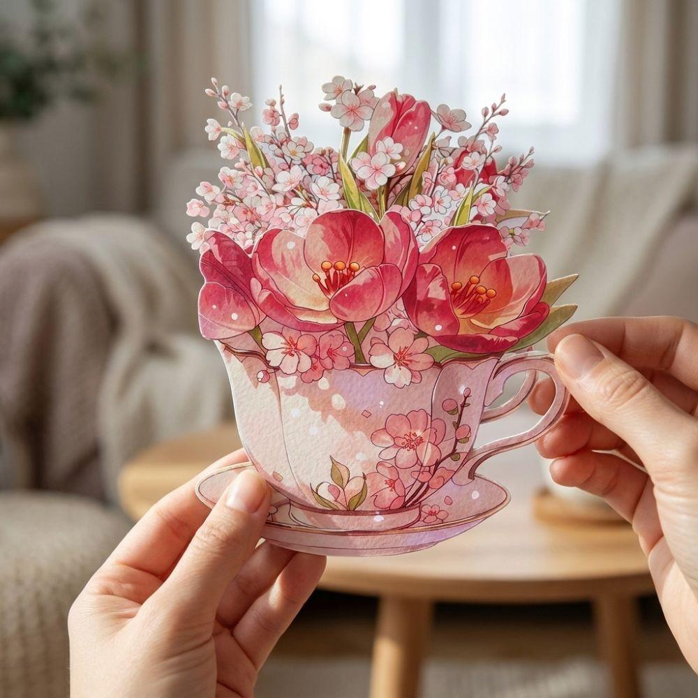 Papierblumen Teetasse Grußkarte Überraschungsgeschenke 3D Pop-Up Blumenstraußkarte Muttertag