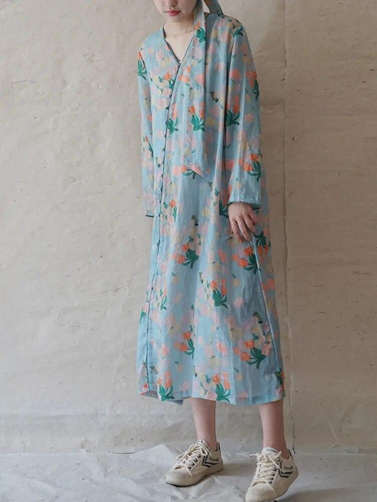 Johnature Women Vintage Print Floral Bandage Dresses V-Neck Long Sleeve High Quality Robes Spring Button Dress