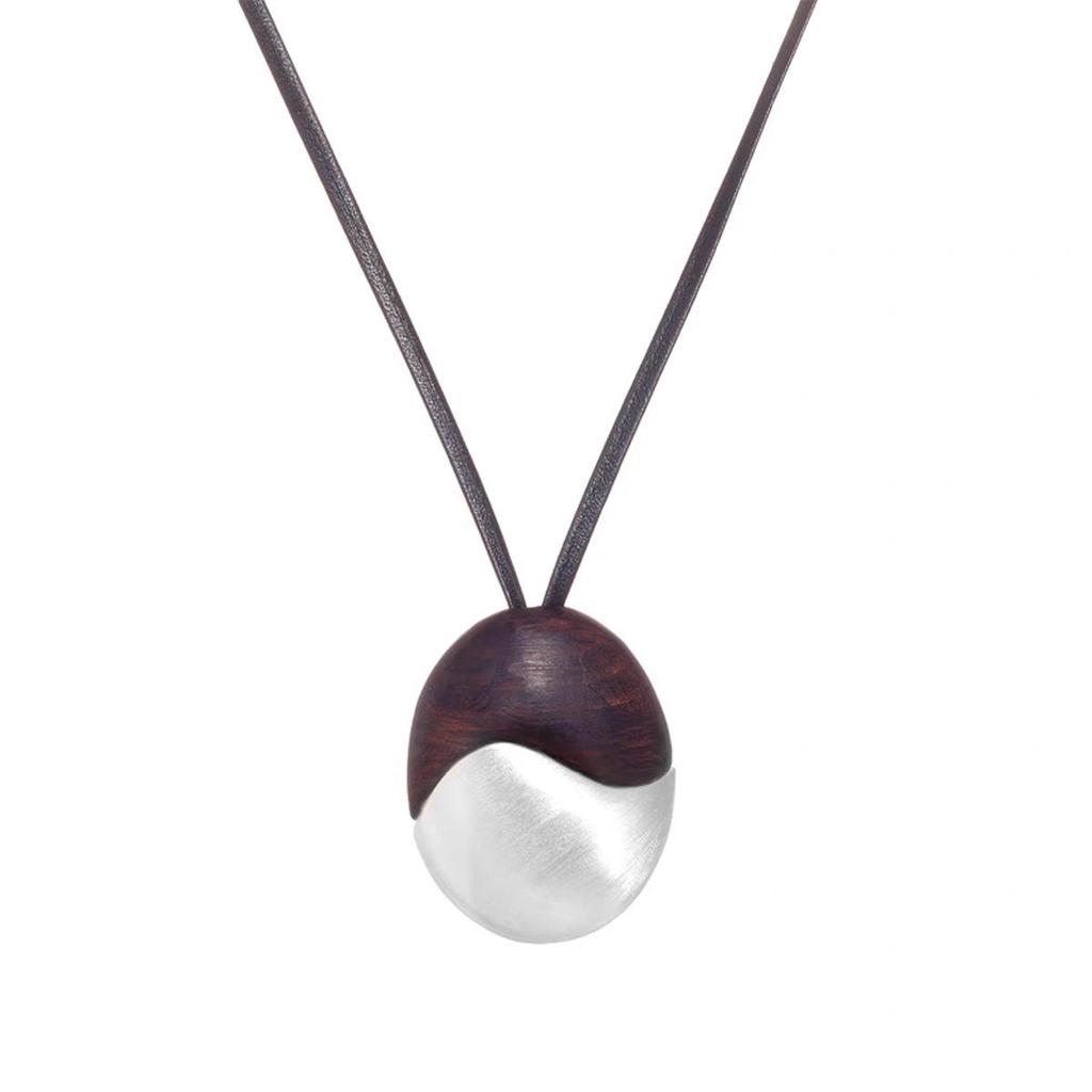 Ebony Wood Leather Cord Necklace: Luxury Long Color Block Pendant for Autumn/Winter Sweaters