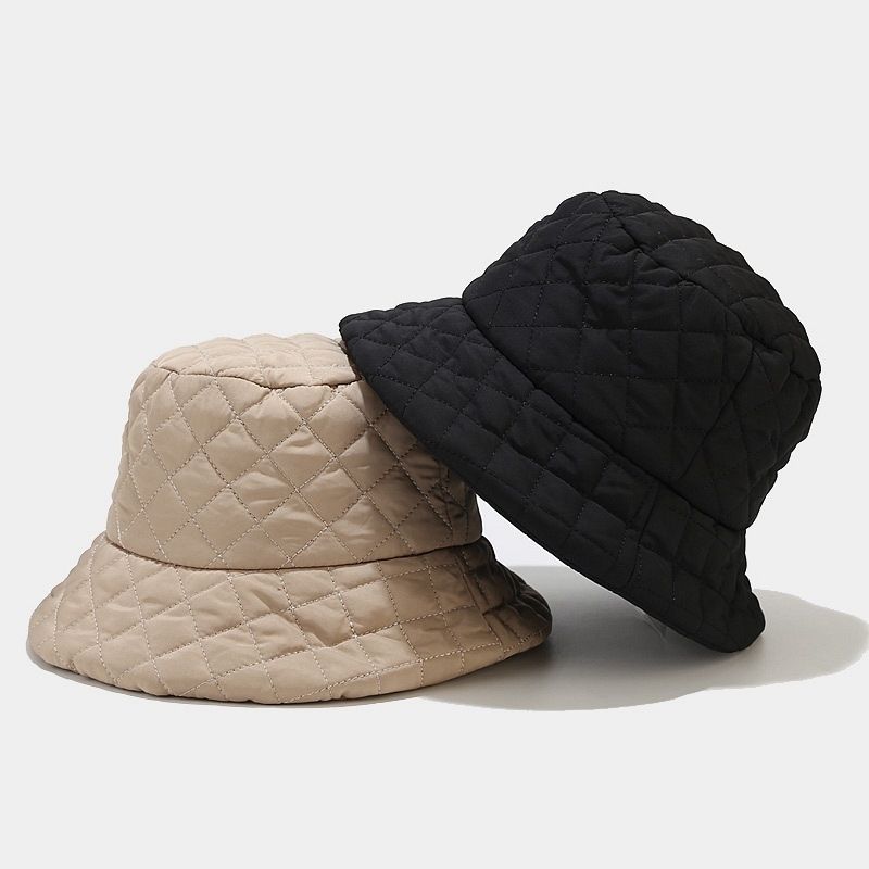 Autumn and winter bucket hat women's solid color down cotton warm and cold-proof fashion simple plaid light soft basin hat