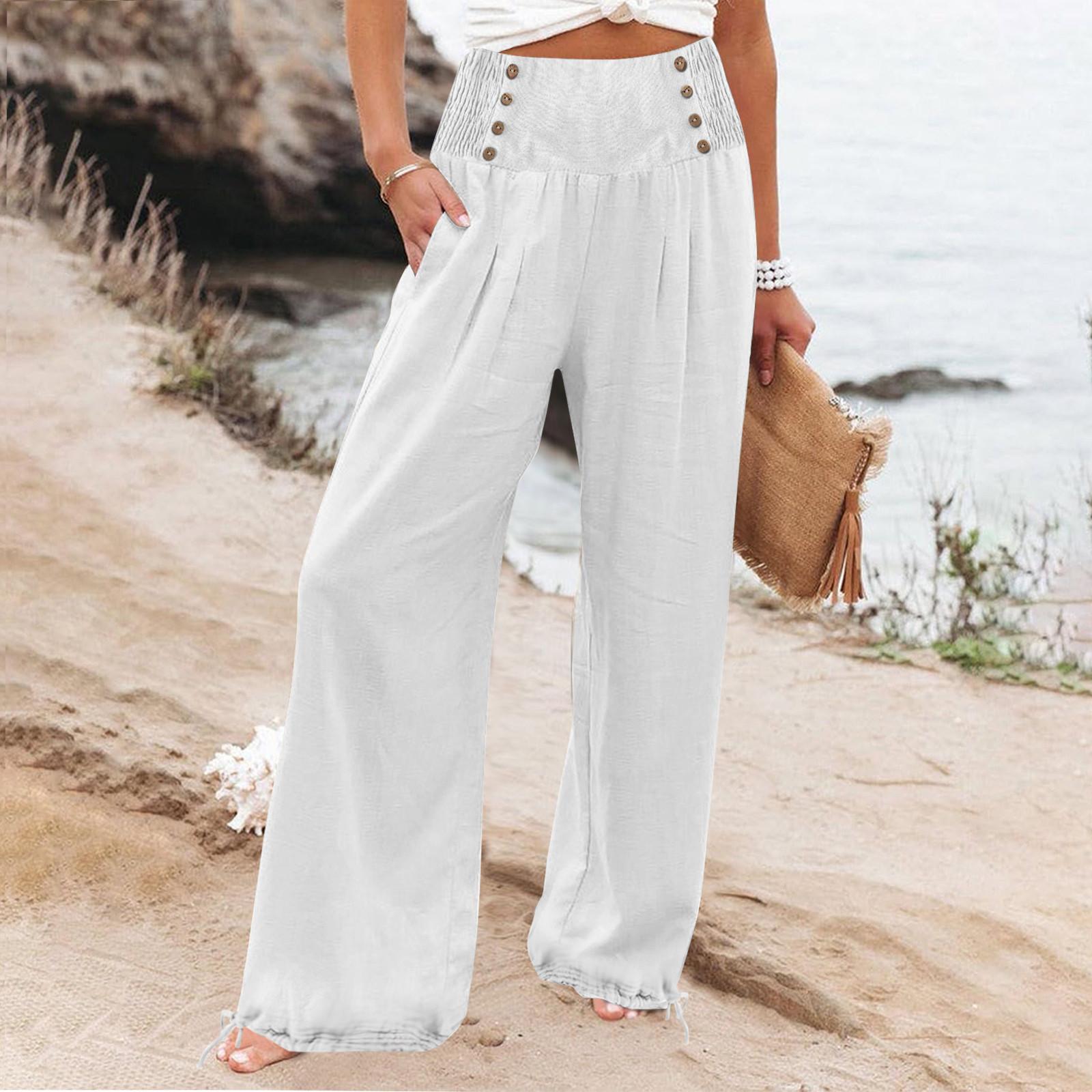 

Pants For Women Wide Leg Yoga Pants With Pockets Button High Waist Casual Dress Crop Pants Loose Soft Pajama Sweatpants S білий