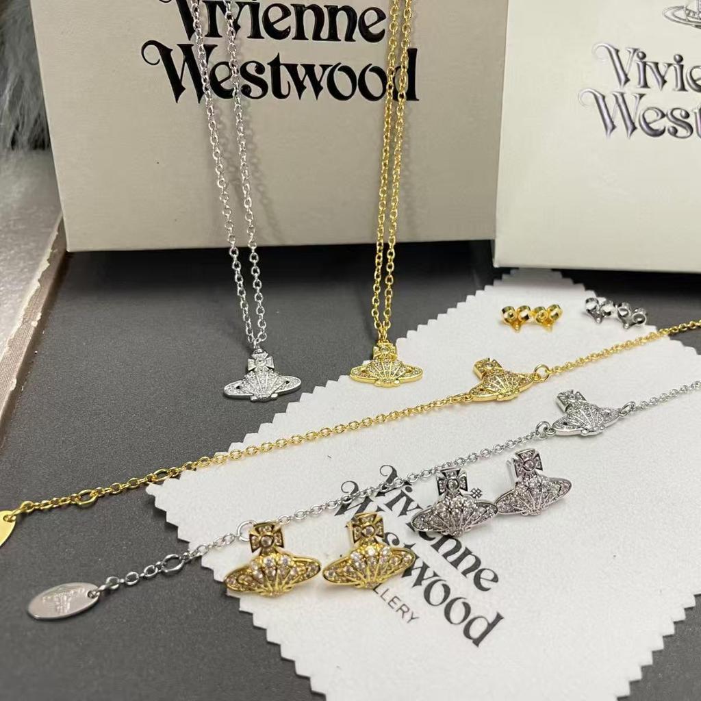Vivienne Westwood Diamond Shell Saturn Jewelry Set: Necklace, Bracelet, and Earrings – Women's Luxury Versatile Collection.