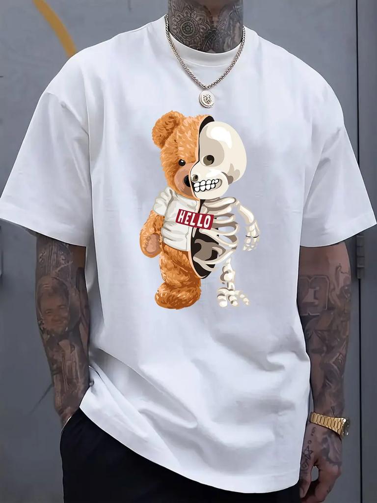 Męska Luksusowa Bawełniana Koszulka z Krótkim Rękawem z Graficznym Nadrukiem Niedźwiedzia Szkieletu Letnia Unisex Męska i Damska Streetwear Trend
