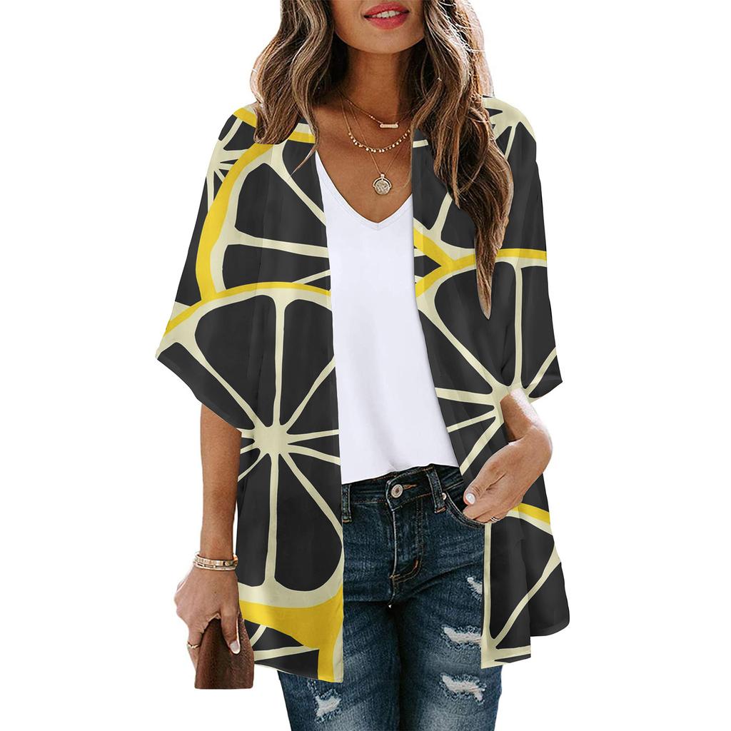 Women's Fashion Printed Seven-Part Sleeve Cardigan Loose Blouse Casual Blouse Top