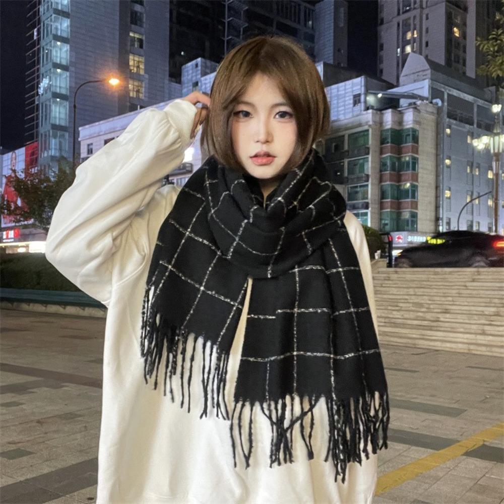 Solid Color Plaid Wool Scarf Cashmere Shawl Long Shawl Elegant Winter Cashmere Scarves  Student