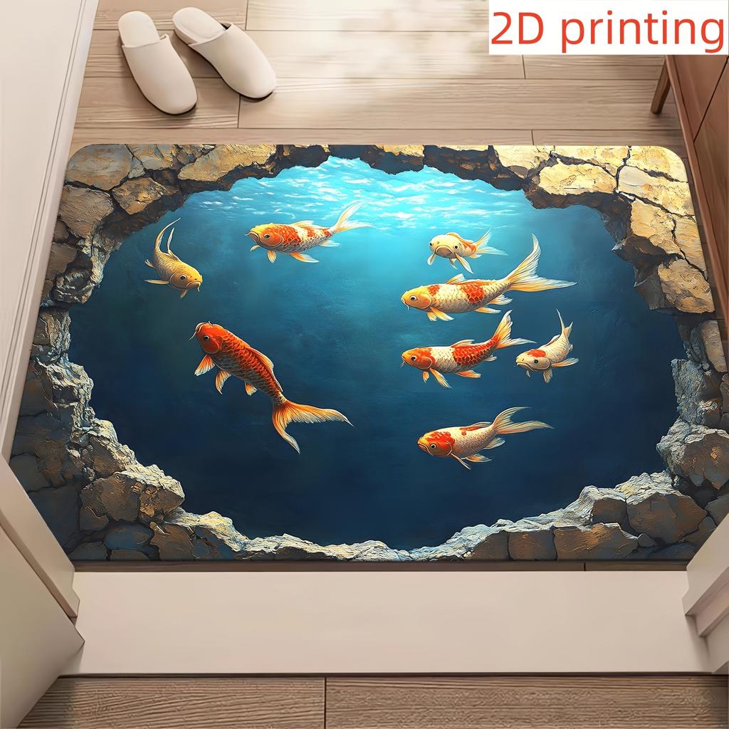 Vibrant Koi Fish Rocks Non-Slip Door Mat Floor Mat Indoor Outdoor Mat for Bathroom Living Room Camping Yoga Artistic Fish Deco