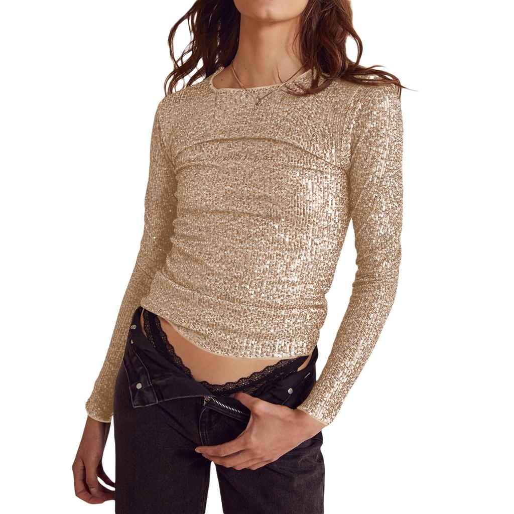 Women Long Sleeve Tops Sequins Basic Shirt Casual Pullover for Fall Club Streetwear Aesthetic Clothes