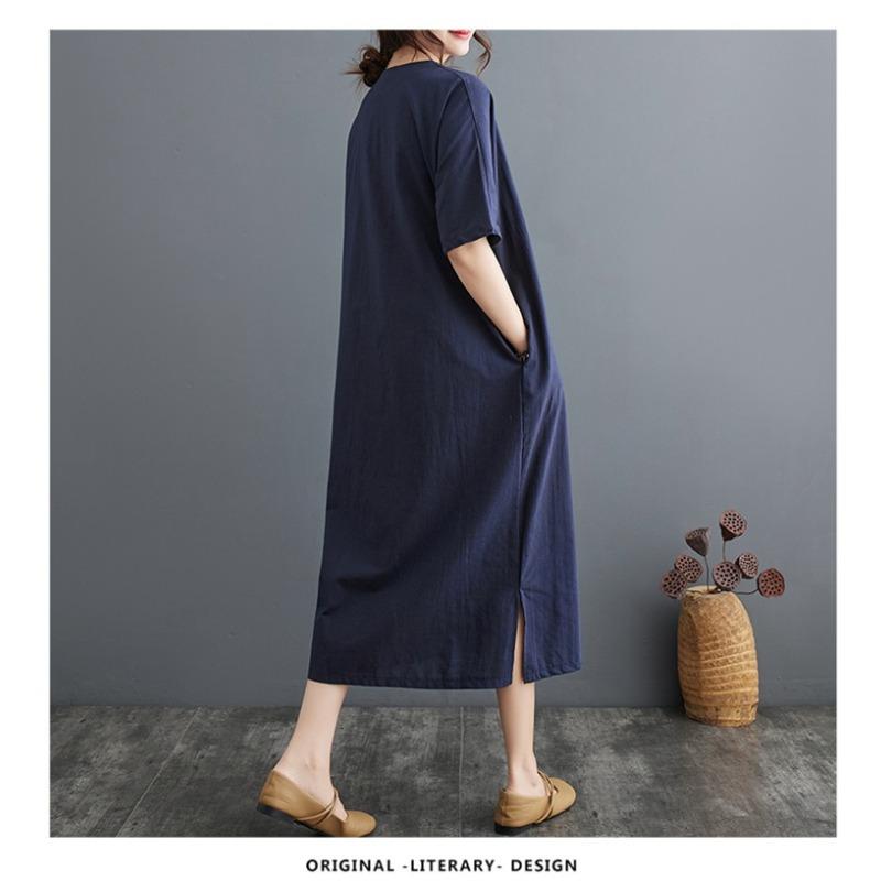 Summer New Cotton and Linen Artistic Retro Pullover Buckle Dress A-line Long Skirt