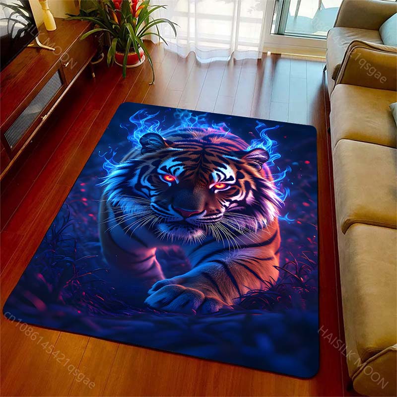 1PC Tiger, blue flames, fantasy Print Carpet Rug for Living Room Bedroom Sofa Doormat Home Decor Non-slip Floor Mat