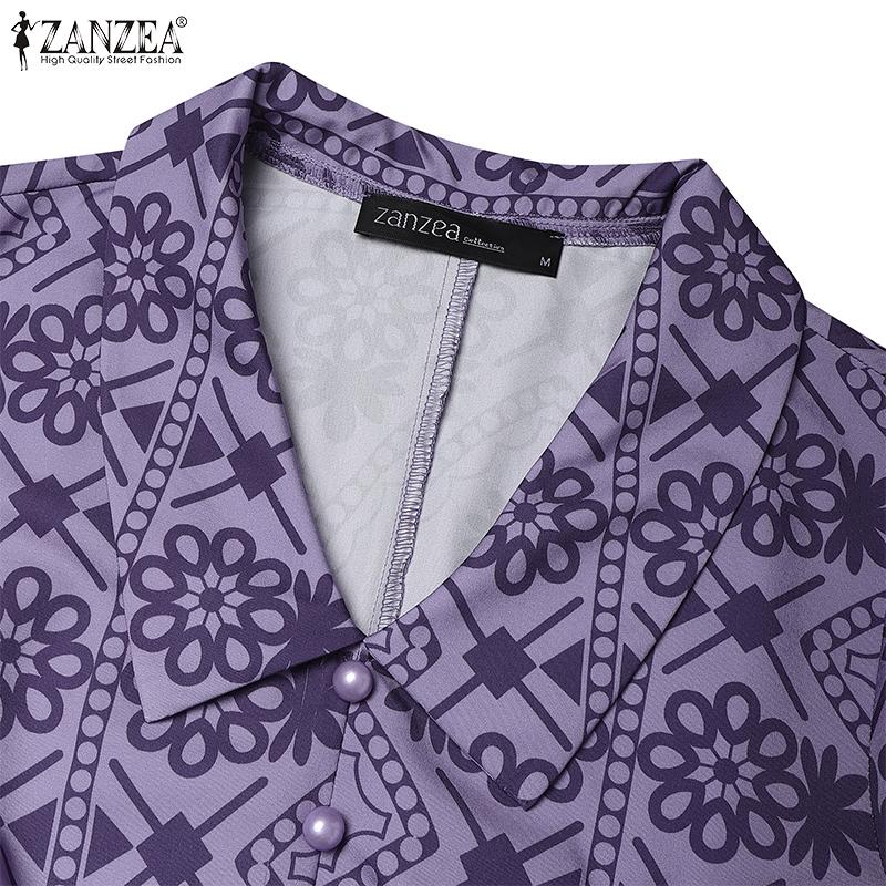 ZANZEA Women Casual Turn Down Collar Short Sleeve Summer Print Dress