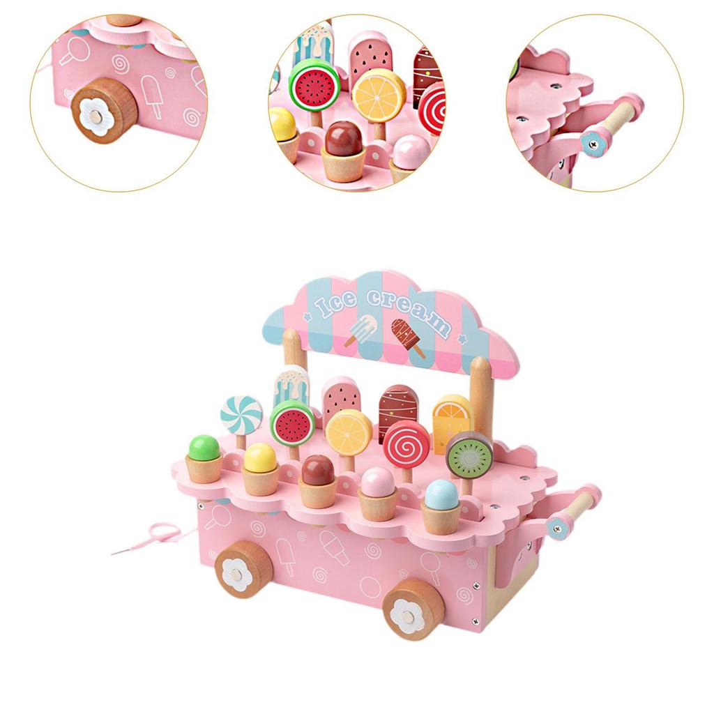 Wooden Ice Cream Cart Playset with Food Accessories for Kids Aged 3-8