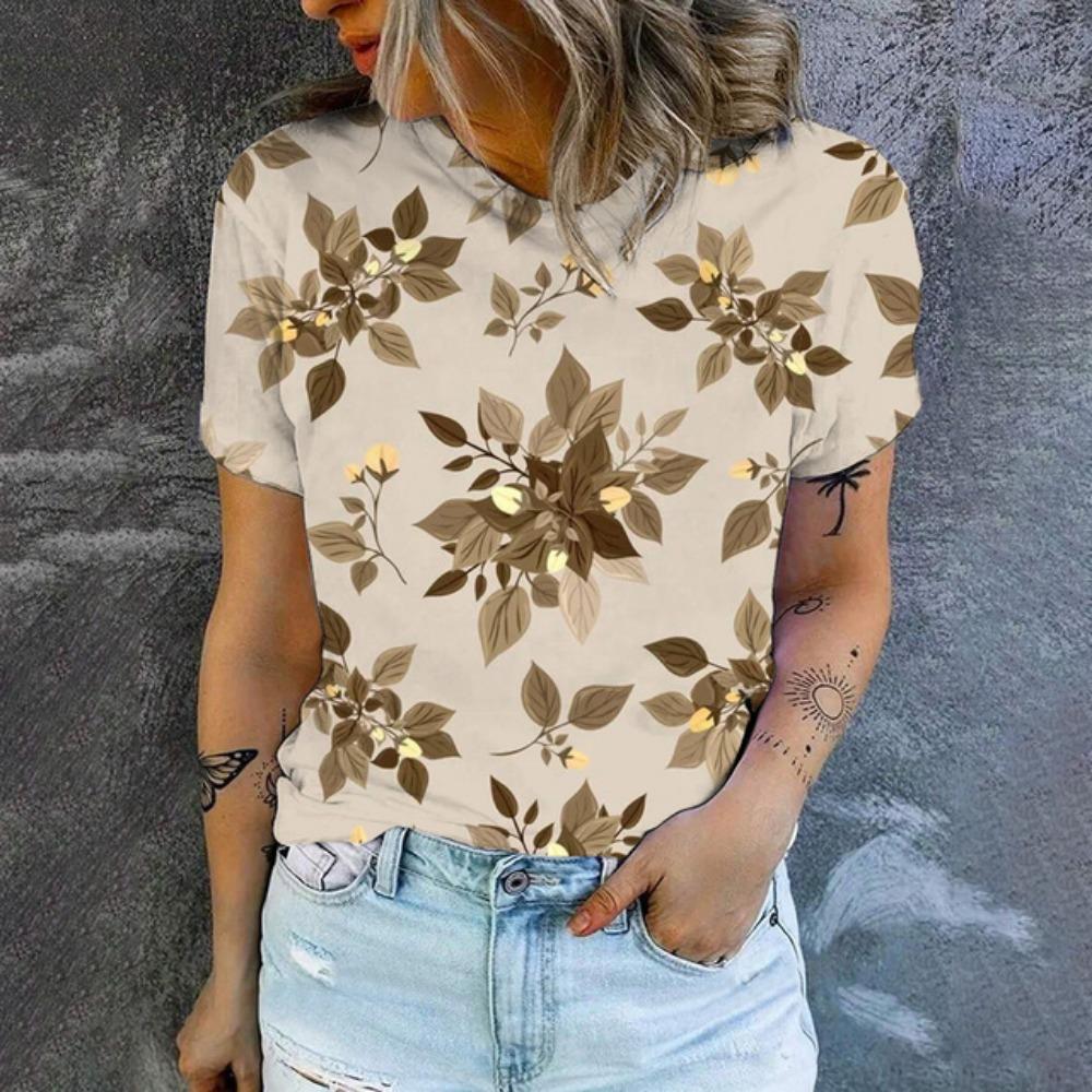 Summer Leisure T-shirt Women's T-shirt Retro Flower Pattern Print Fashion Print T-shirt Elegant Women's Short Sleeved T-shirt