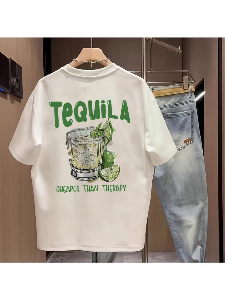 Retro Tequila Cheaper Than Therapy Quote Tee with Cocktail Print 100 Cotton Unisexs Tshirt Summer Fun PartyInspired Casual Top