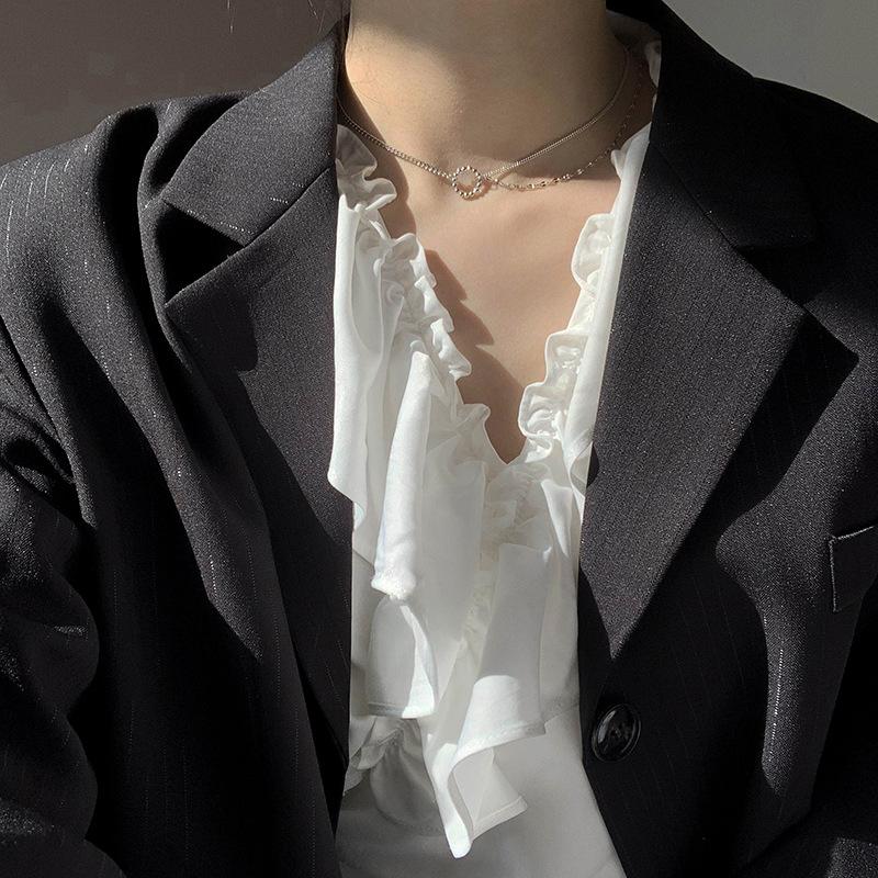 French Temperament Choker Neck Chain Necklace Female Trendy Design Double Chain Ring Collarbone Chain