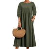 Women's Round Neck Three Quarter Sleeve Loose Fit Mid Waist Casual Cotton Linen Maxi Dress