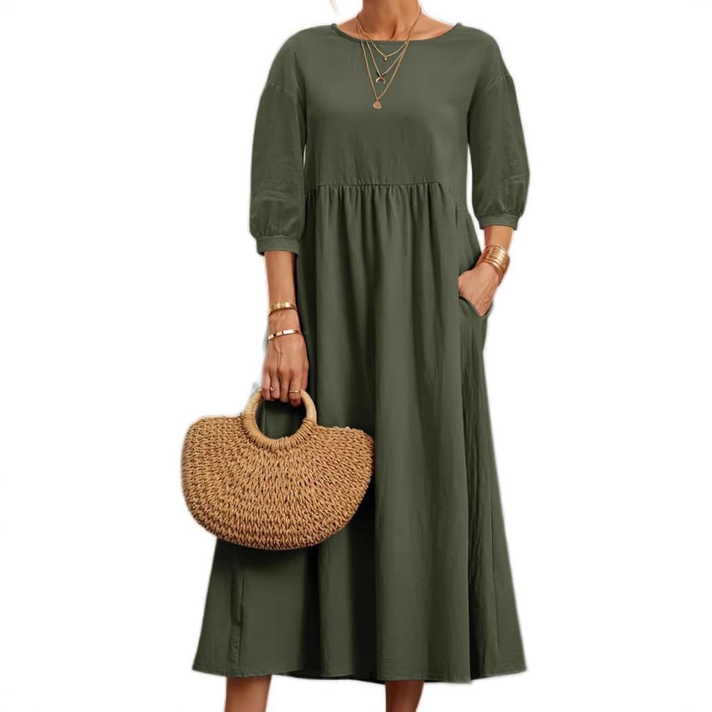Women's Round Neck Three Quarter Sleeve Loose Fit Mid Waist Casual Cotton Linen Maxi Dress