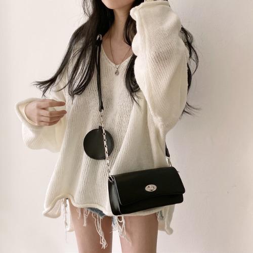 Early Autumn New Loose Lazy Style V-neck Roll Edge Split Fork Fashion Pullover Sweater Women Wear All-match