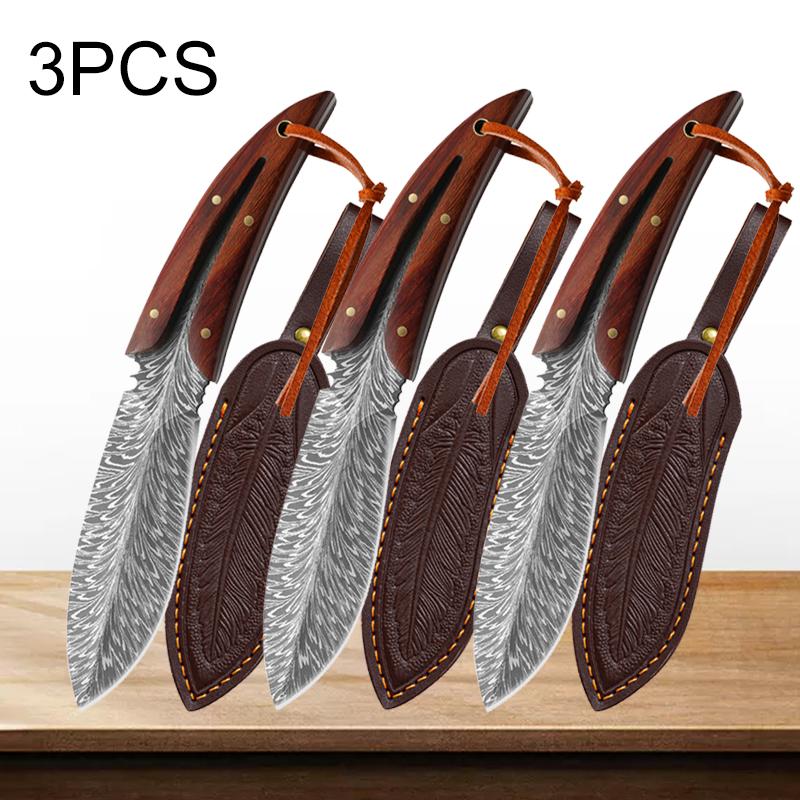 Pocket Knife Professional Kitchen Knives Stainless Steel Boning Butcher Knife with Sheath Feather Pattern Forged Meat Cleaver