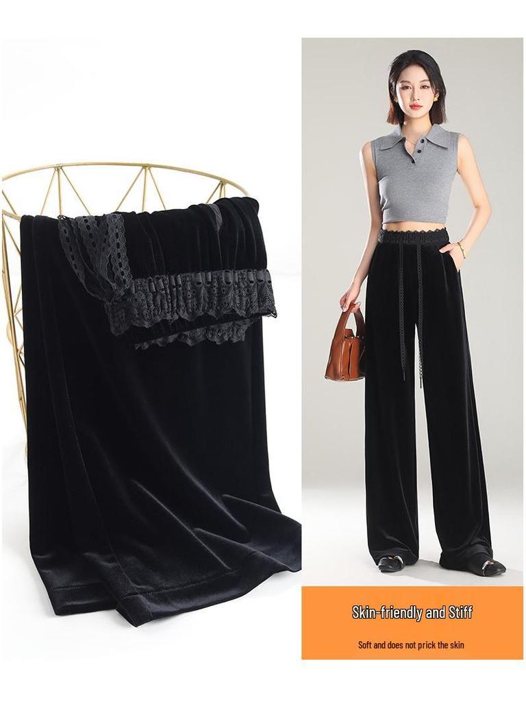 Women's High-Waist Golden Velvet Wide-Leg Pants - Spring/Summer 2026 Collection, Fashionable Black Drapey Casual Style.
