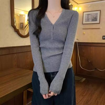 Grey V Neck Knit Top Women Spring Autumn Premium Slim Fit Fashion Long Sleeve Base Layer Shirt