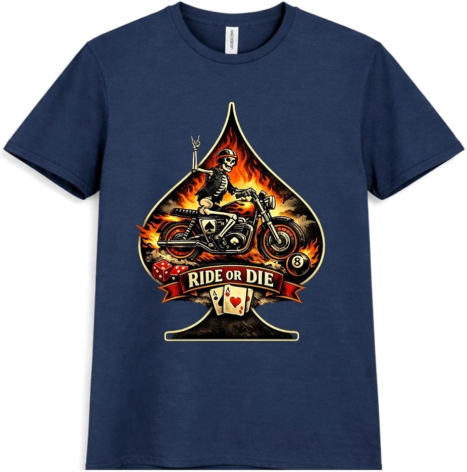 Skeleton Biker T-Shirt Motorcycle Spade Cards Dice Gambling Tattoo Gift Tee XXXL