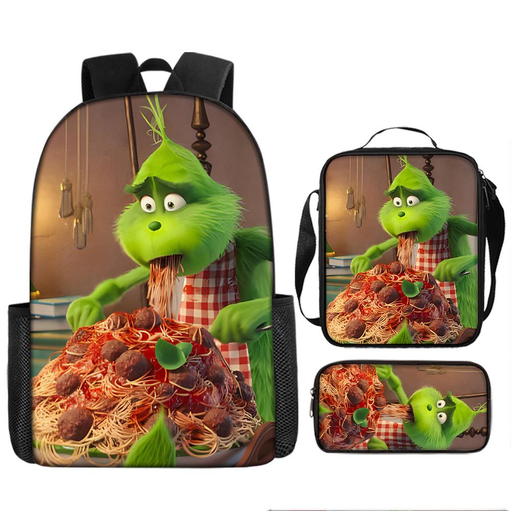 Green Hair Monster Grinch School Bag Campus 12345th and 6th Grade Backpack Lightweight Weight Loss Computer Bag Three-piece Set