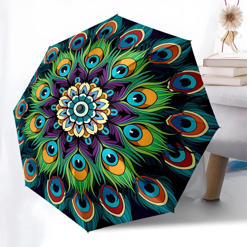 

1pc Peacock Feather Mandala Automatic Folding Umbrella - Portable 3-Fold Design with 8-Bone Iron Frame for Outdoor Use, Festive Gift, Travel, Daily Us