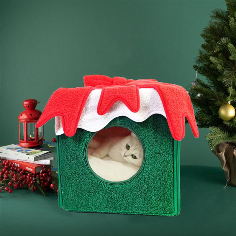 Christmas Cat Bed House Large Space Square Fully Enclosed Warm Christmas Pet Cave for Cat Dog