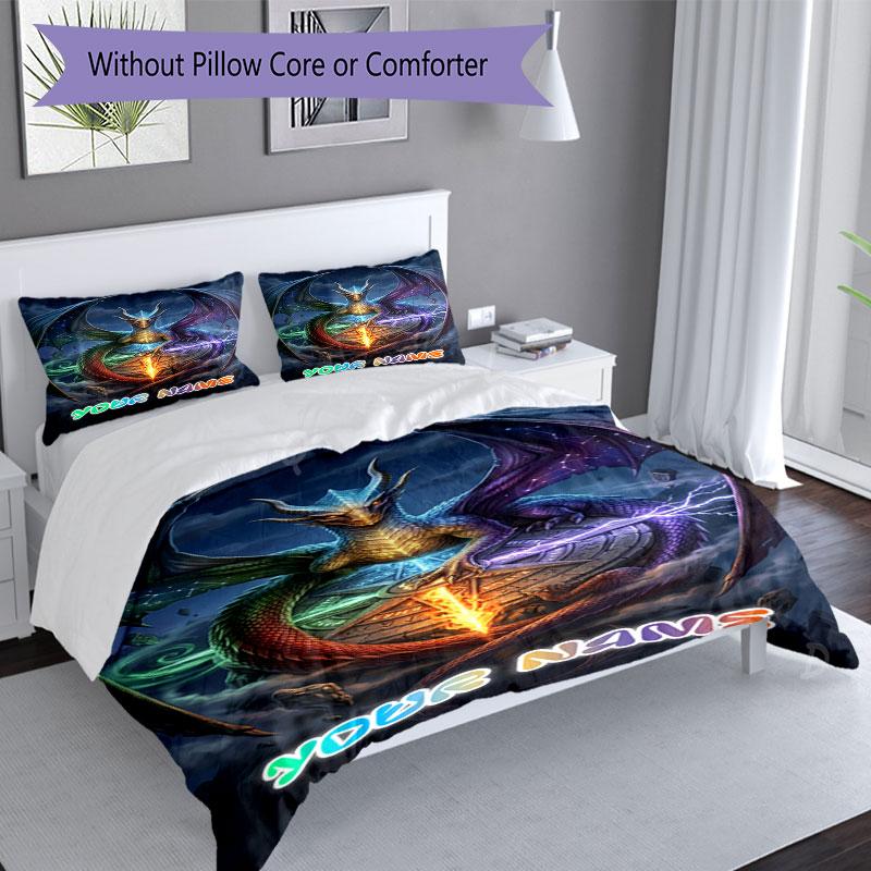 3pcs Custom Name Epic Dragon Fantasy Art Bedding Set Printed Bedding Set Duvet Cover Closure Includes 1 Duvet Cover & 2 Pillowcases Bedroom Decor