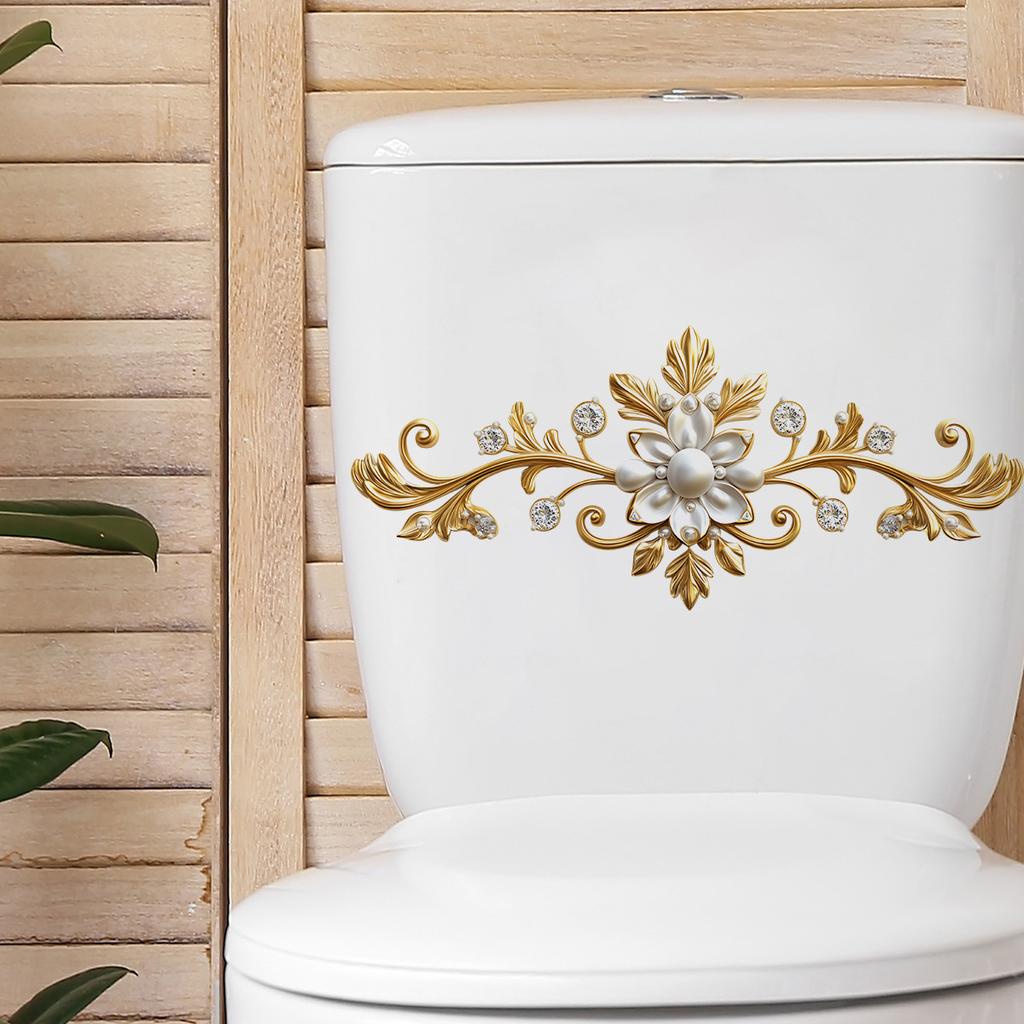 Elegant Golden Floral Embossed Self-Adhesive Wall Sticker for Bathroom Toilet - Matte Finish, Rectangular Shape, Durable Plastic, Easy To Install