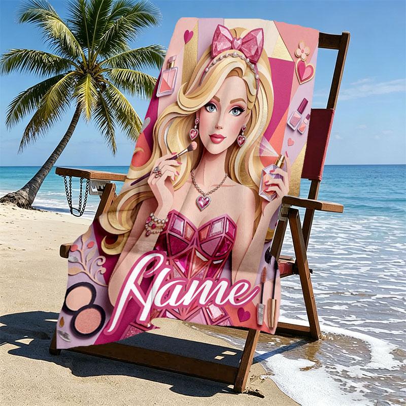 Prosop de plajă personalizat cu nume și imprimeu Barbie, pentru călătorii, camping, petreceri pe plajă, decor casnic, cadou de ziua de naștere pentru familie și prieteni