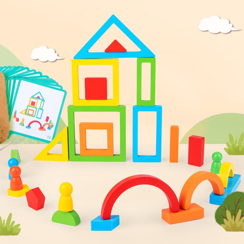 Rainbow Stacking 3D Geometric Wooden Blocks: Fun Educational Puzzle for Children