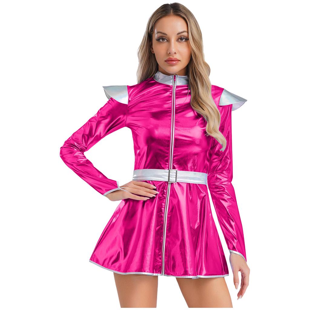 Womens Alien Costume Long Sleeves Front Zip A Line Dress Belt Design Shiny Metallic Outer Space Robot Costume