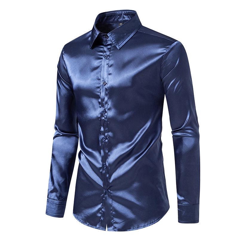 2025 Men's Shiny Satin Long-Sleeve Shirt - Spring/Autumn Trendy Nightclub Style.