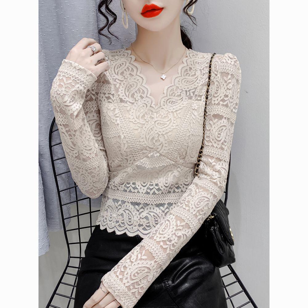 Women's Slim Fit French Collar Lace Shirt - Long Sleeve, Hollow Out, Sexy Spring Top
