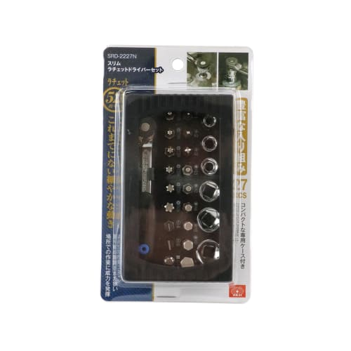 SK11 Slim Ratchet Driver Set, 27-Piece Set, with 52-tooth gear for superior operability, quick-turn function, and a compact 14.3mm head width for work