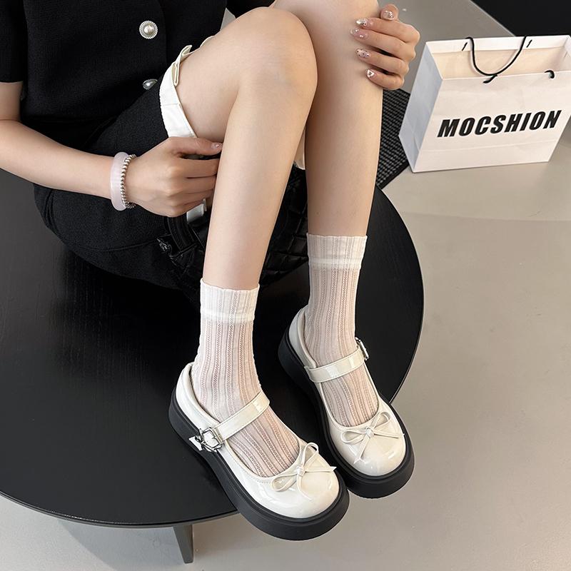 2025 New Bow Mary Jane Single Shoes Women's Fashion Round Toe Shallow Mouth Metal Buckle One Strap Platform Wedge Shoes