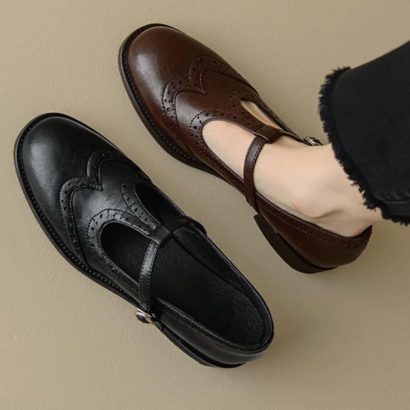 Fashion Retro Women's Brogue Leather Shoes Spring Round Head Carved Mary Jane Shoes Women Oxfords Women's Shoes Ladies Leather Female
