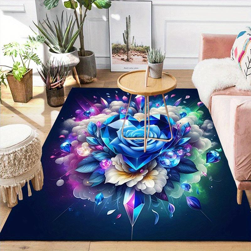 1pc Blue Gem Rose Design Area Rug - Soft, Anti-Slip, and Durable Gaming Room Decor for Bedroom