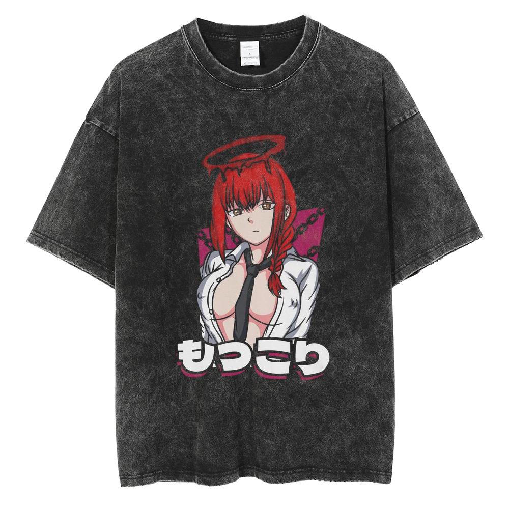 Anime Chainsaw Man Pochita Kawaii Printed Washed Tshirt Men Vintage Casual Tshirts Manga Cotton T Shirt Harajuku Male Tops