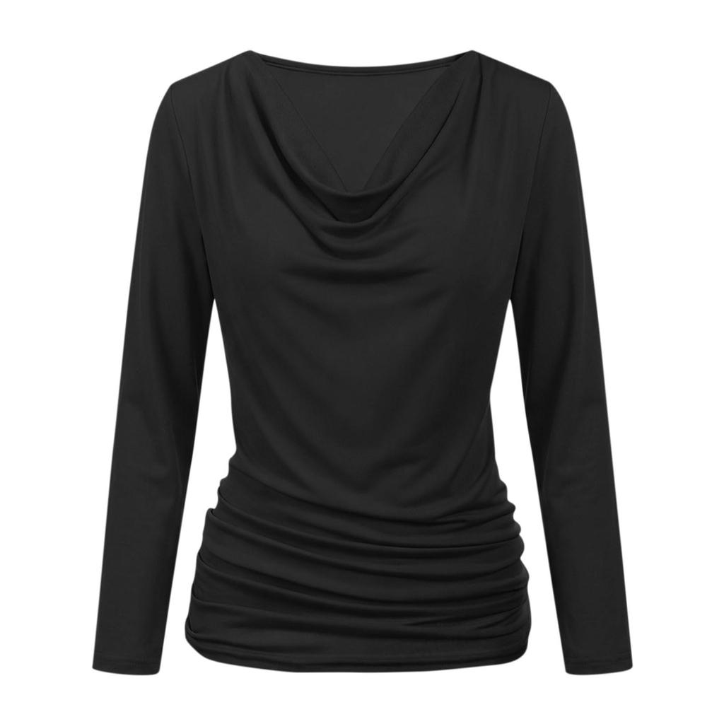 Women's Fashion Casual Long Sleeve Cowl Neck T Shirt with Elastic Side Waist for Everyday Wear