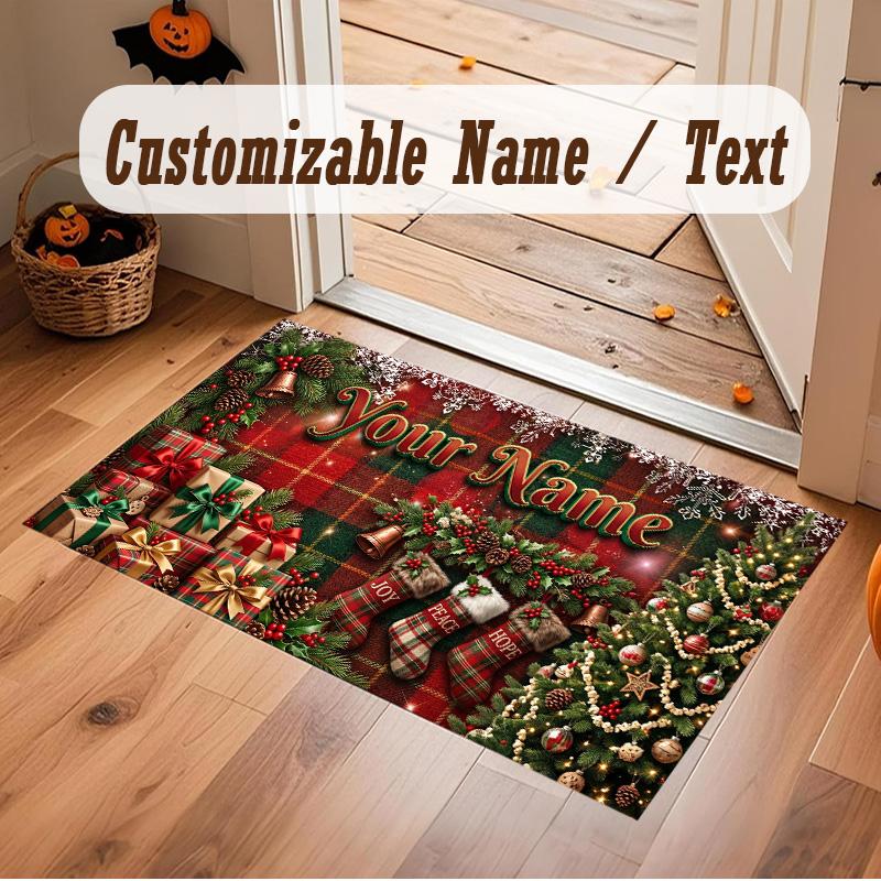Christmas Theme Soft Crystal Velvet Rug Custom Name & Text Print Non Slip Floor Rug for Bedroom Living Room