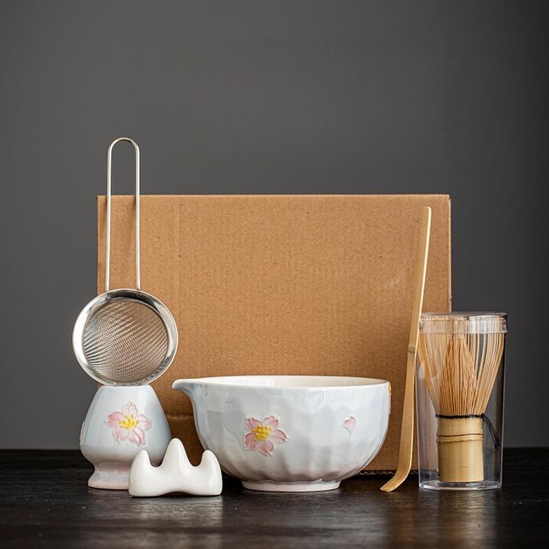 Traditionelles Bambus Keramik Japanisches Matcha Tee Set Keramikschale Bambus Matcha Besen und Teelöffel Teezubereitungswerkzeuge Zubehör