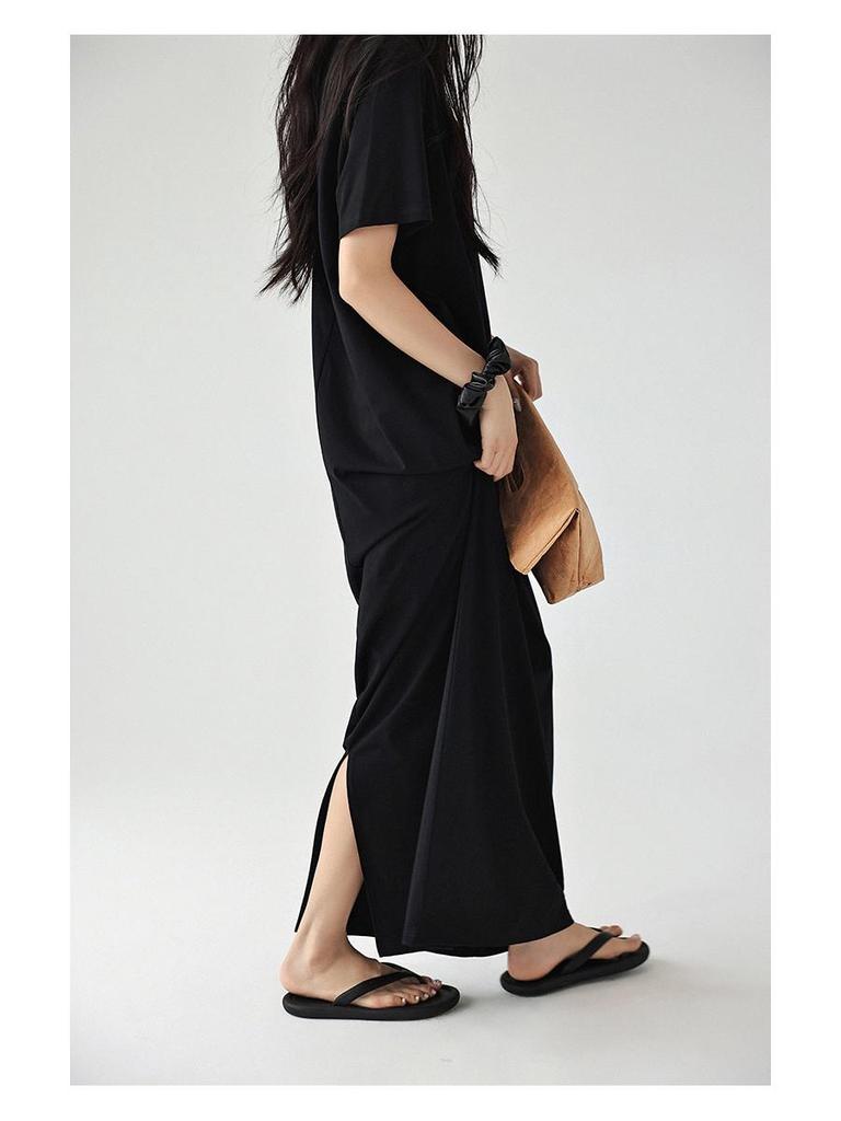 61035# FRESH UP Rochie Tricou Minimalistă Supradimensionată cu Mânecă Scurtă Subgenunchi Subțietoare