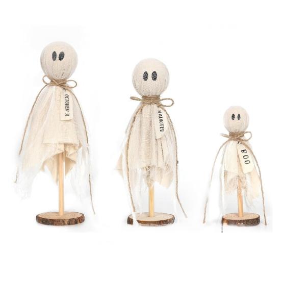 3Pcs Ghost Ornaments Wooden Halloween Decorations Adorable Shape Fabric Ghost Figures Table Decor Party Supplies
