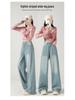 Women's Striped Wide-Leg High-Waisted Jeans - Slimming Loose Fit Black-Gray Floor-Length Pants for Spring and Autumn