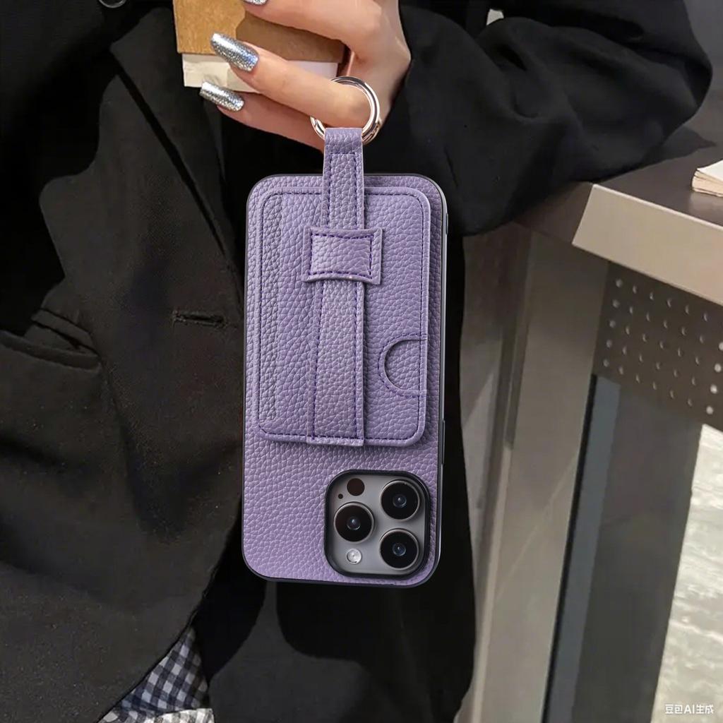 High End TPU+PU Leather Purple Case for iPhone 11 13 12 14 15 16e Pro Max Fashion Wrist Strap Ring Grip Card Holder Wallet Sleev