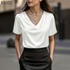 Women Casual V-Neck Loose Short Sleeve Blouse